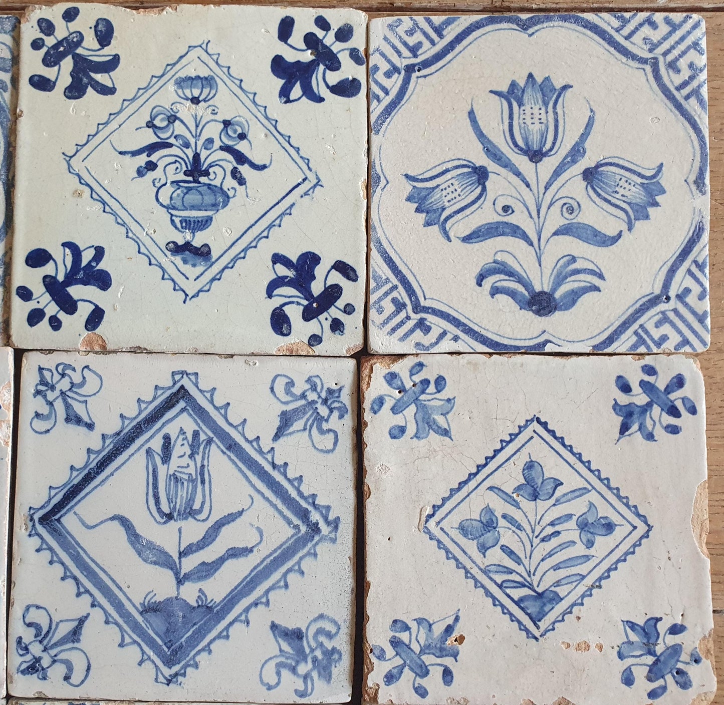 9 xAntique Delft Tulip Tiles, 17th Century Dutch Tilefield (9 pc) Around 1620-1640.