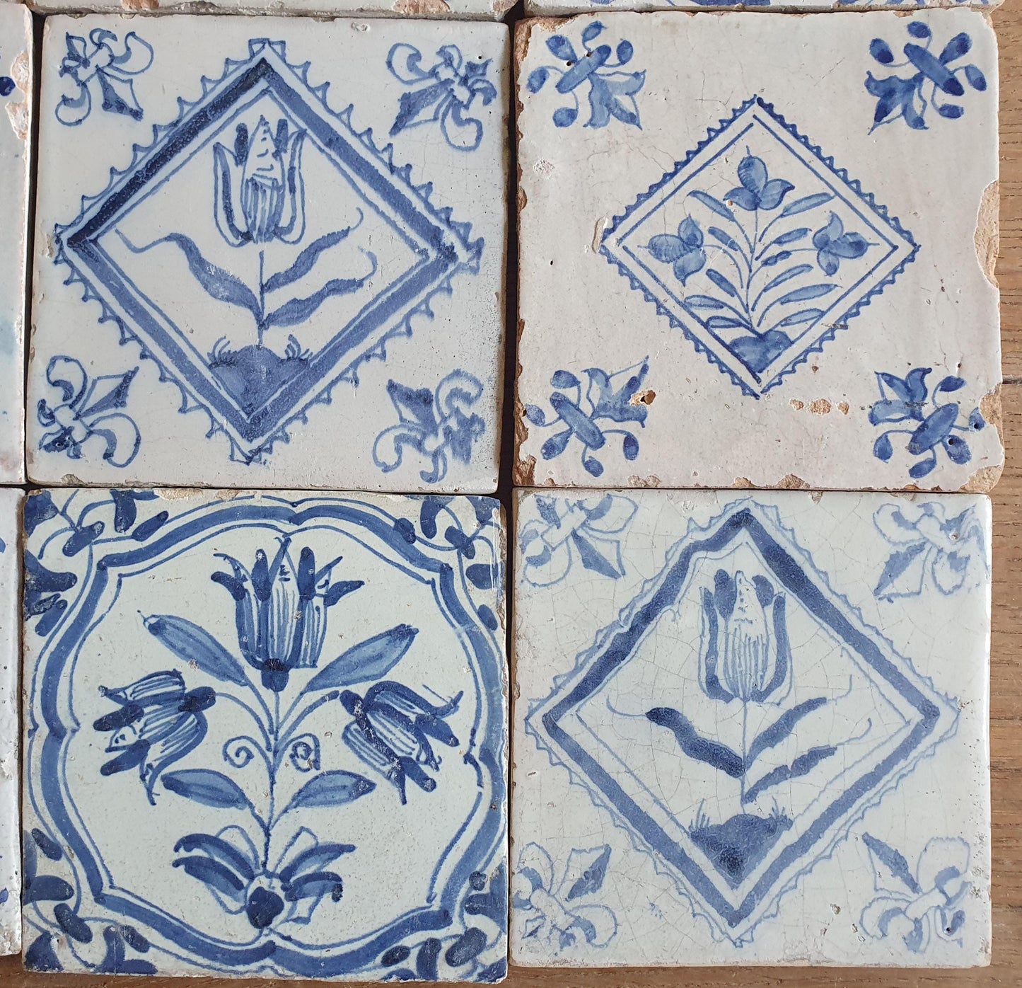 9 xAntique Delft Tulip Tiles, 17th Century Dutch Tilefield (9 pc) Around 1620-1640.