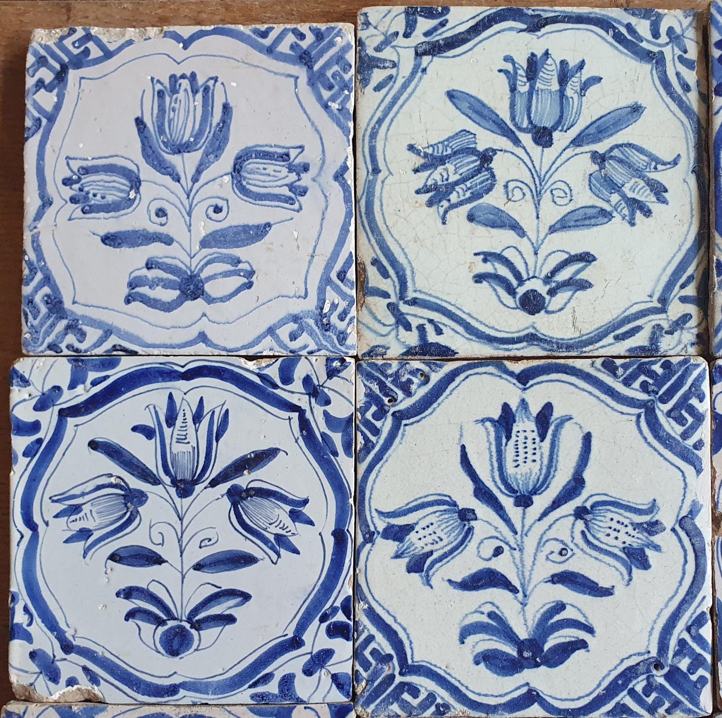 16 xAntique Delft Tulip Tiles, 17th Century Dutch Tilefield (16pc) Around 1620-1640