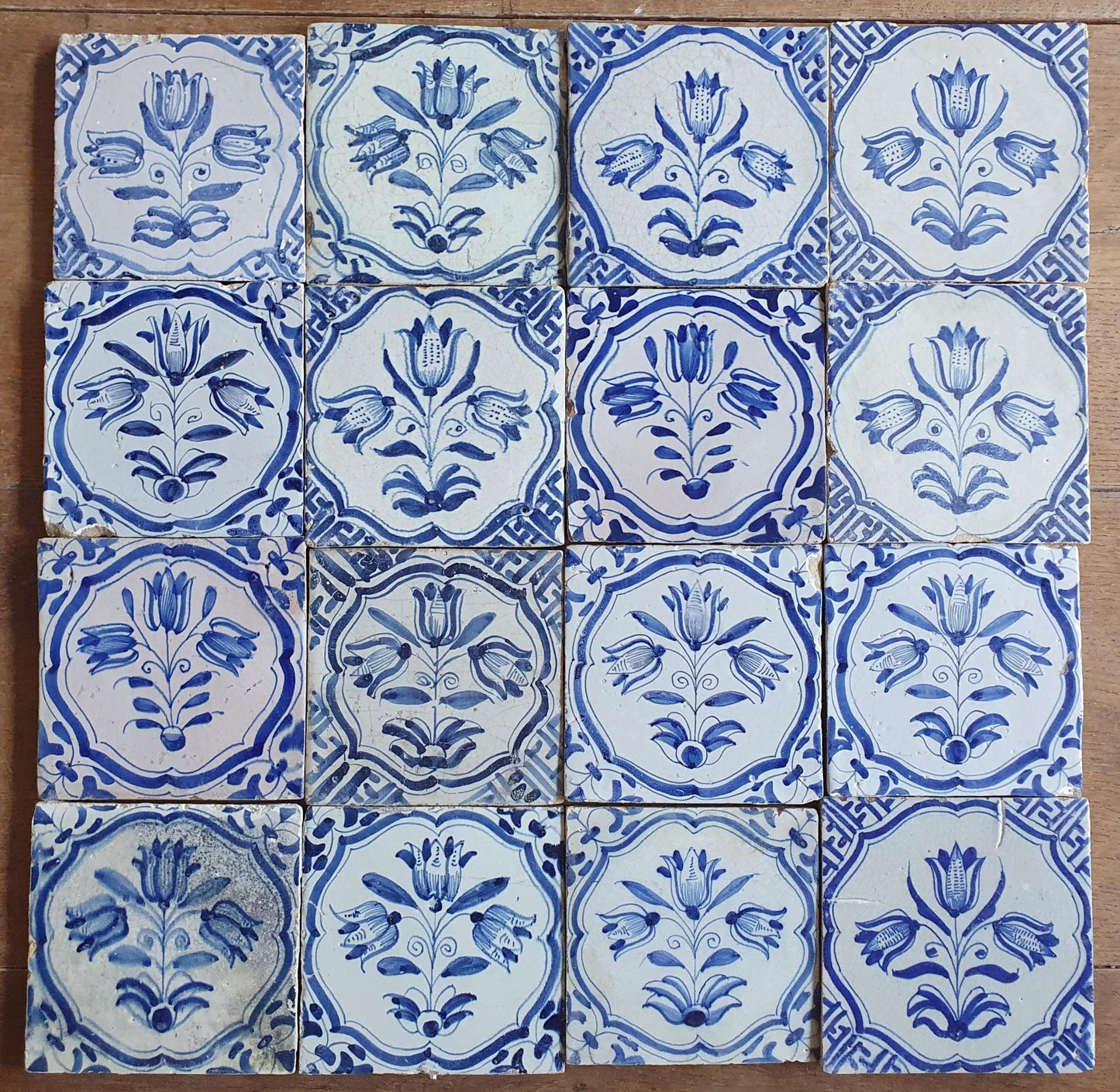 16 xAntique Delft Tulip Tiles, 17th Century Dutch Tilefield (16pc) Around 1620-1640