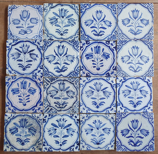 16 xAntique Delft Tulip Tiles, 17th Century Dutch Tilefield (16pc) Around 1620-1640