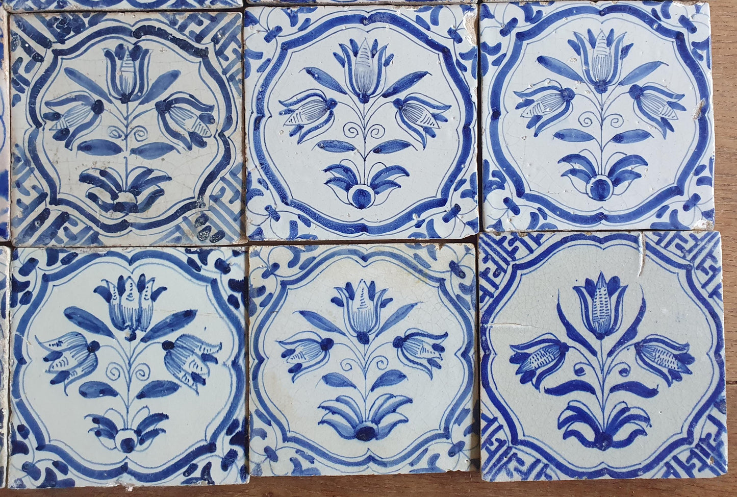 16 xAntique Delft Tulip Tiles, 17th Century Dutch Tilefield (16pc) Around 1620-1640