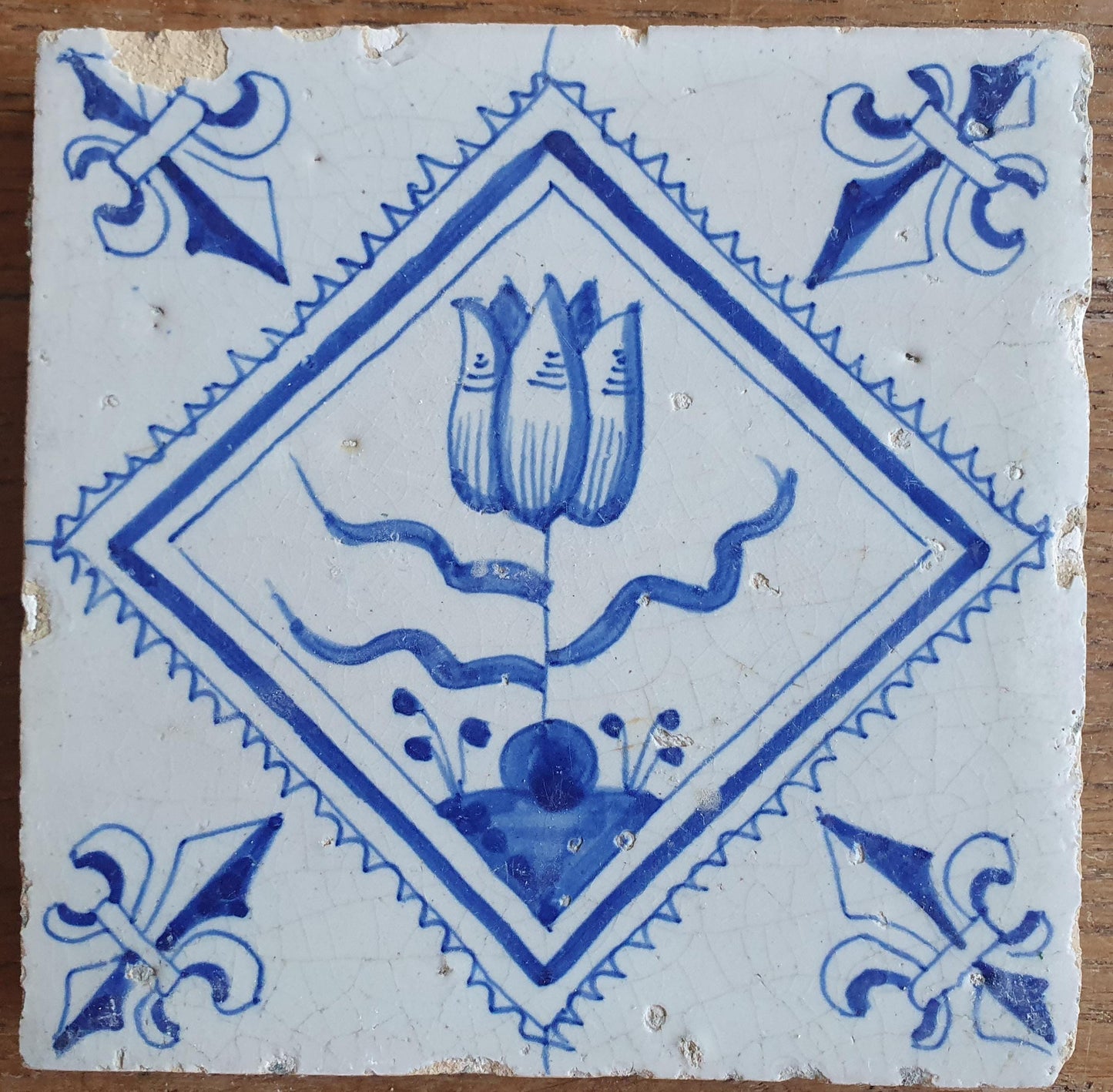 6 xAntique Delft Tulip Tiles, 17th Century Dutch Tilefield Around 1620-1640