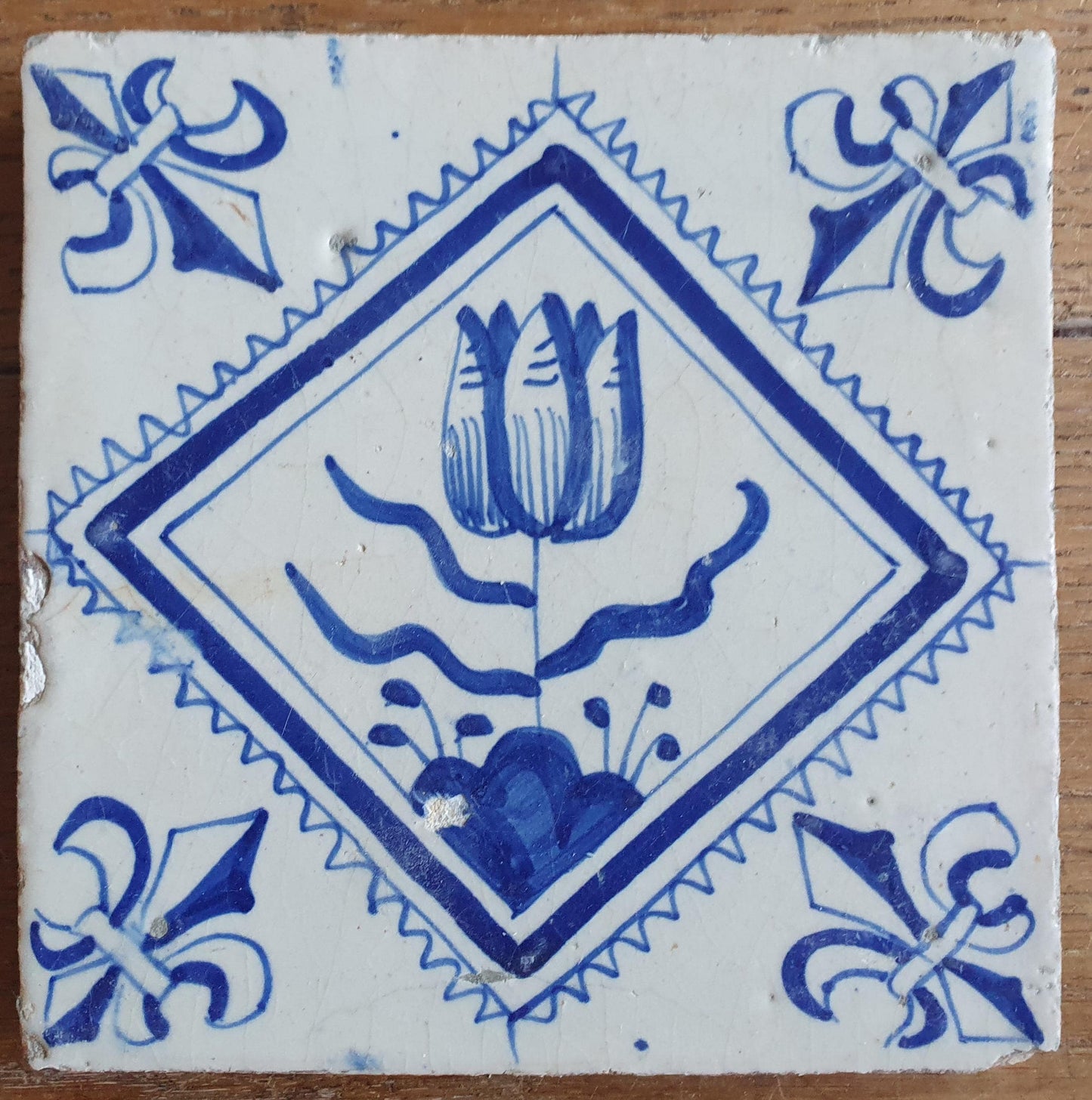 6 xAntique Delft Tulip Tiles, 17th Century Dutch Tilefield Around 1620-1640
