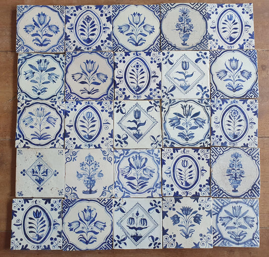 25 xAntique Delft Tulip Tiles, 17th Century Dutch Tilefield  Around 1620-1640