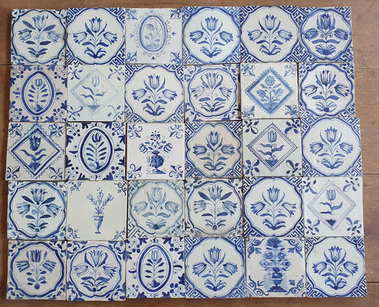 30 xAntique Delft Tulip Tiles, 17th Century Dutch Tilefield  Around 1620-1640