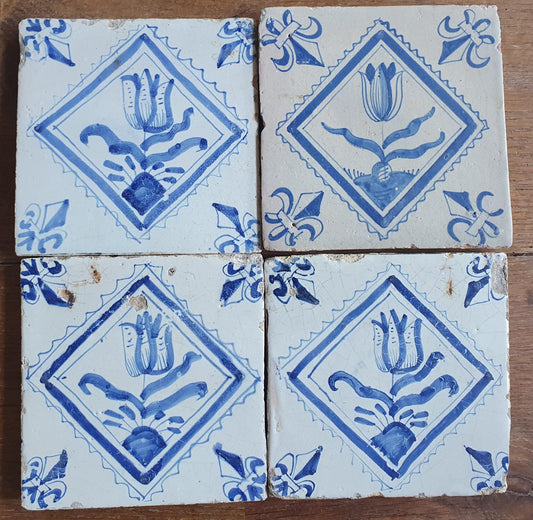 4 xAntique Delft Tulip Tiles, 17th Century Dutch Tilefield Around 1620-1640