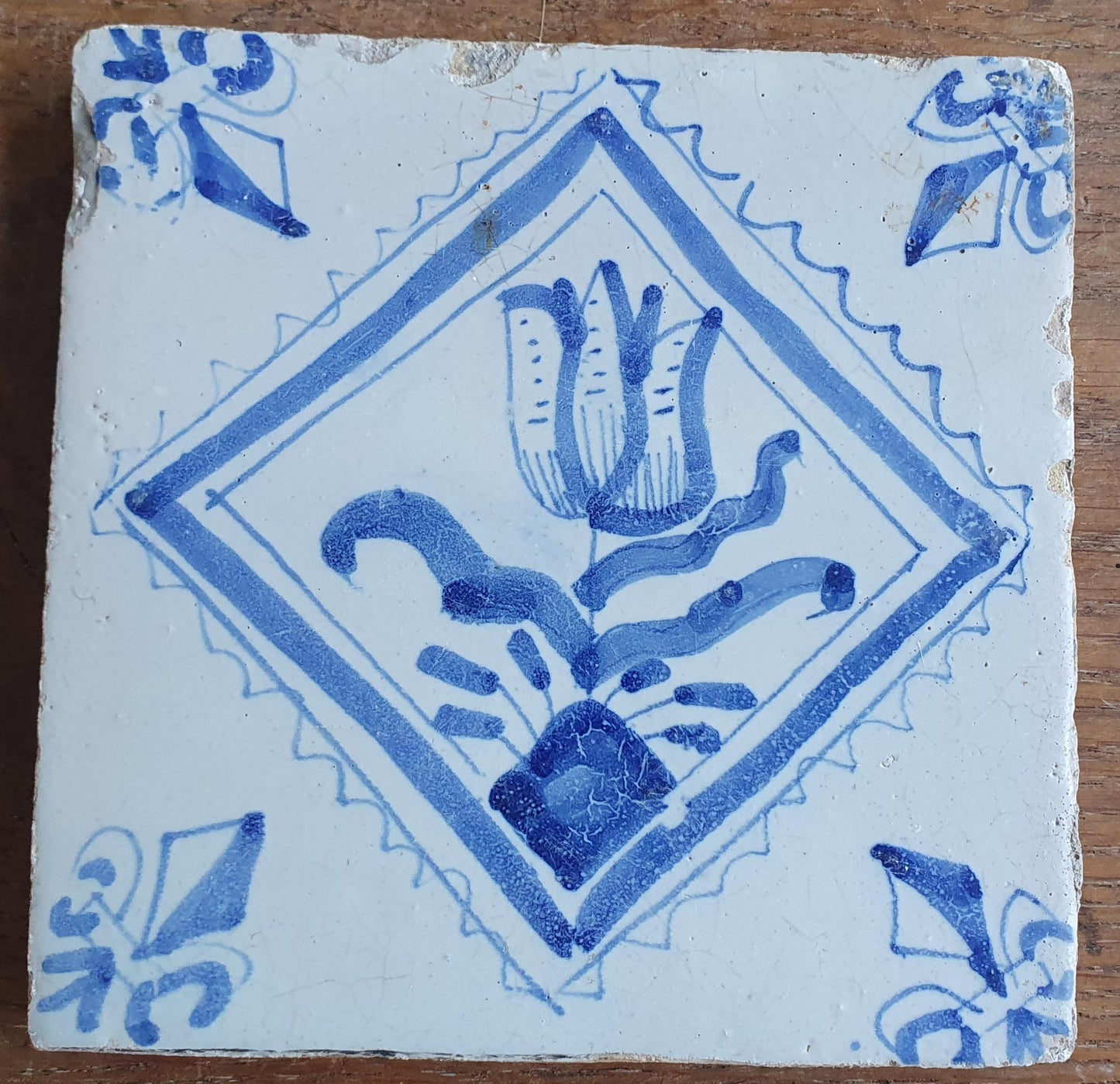 4 xAntique Delft Tulip Tiles, 17th Century Dutch Tilefield Around 1620-1640