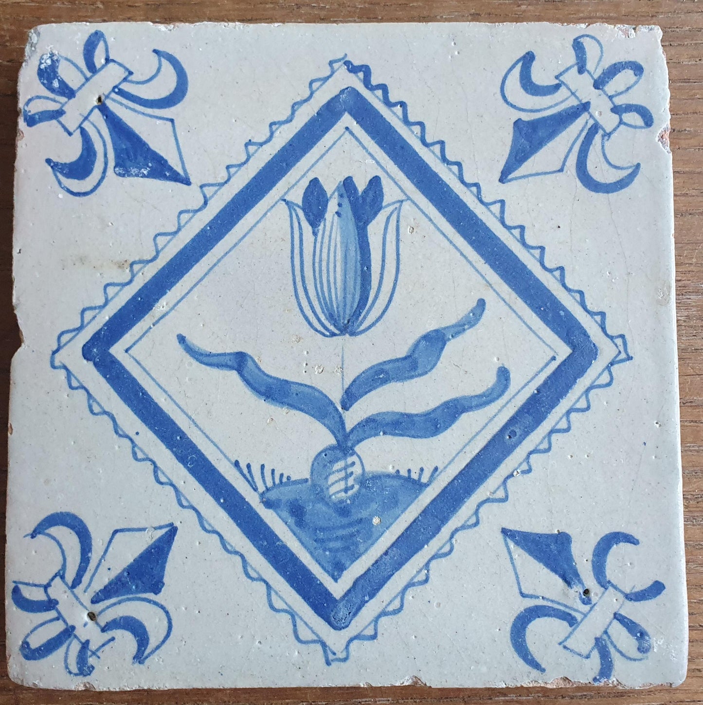 4 xAntique Delft Tulip Tiles, 17th Century Dutch Tilefield Around 1620-1640