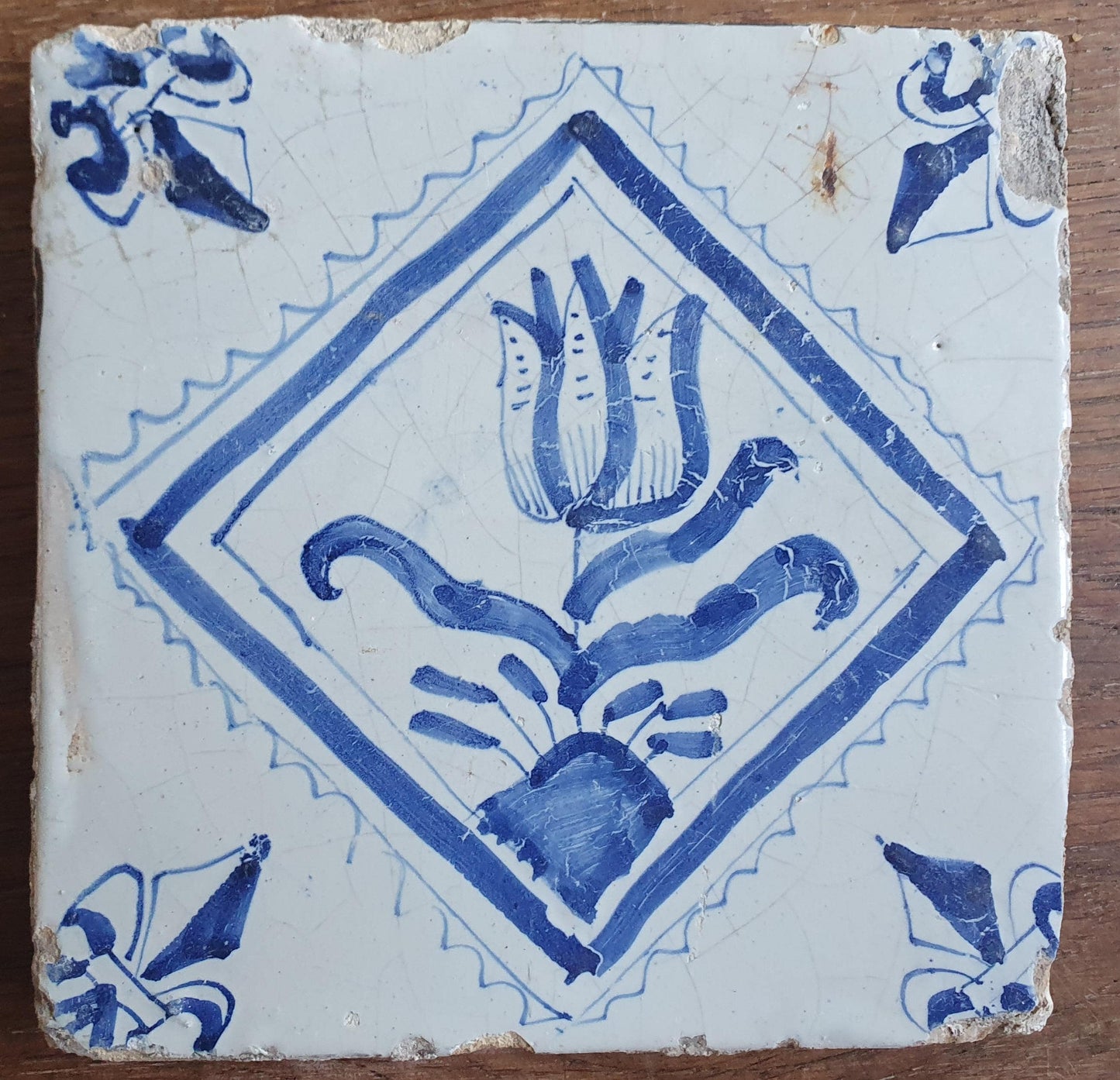4 xAntique Delft Tulip Tiles, 17th Century Dutch Tilefield Around 1620-1640