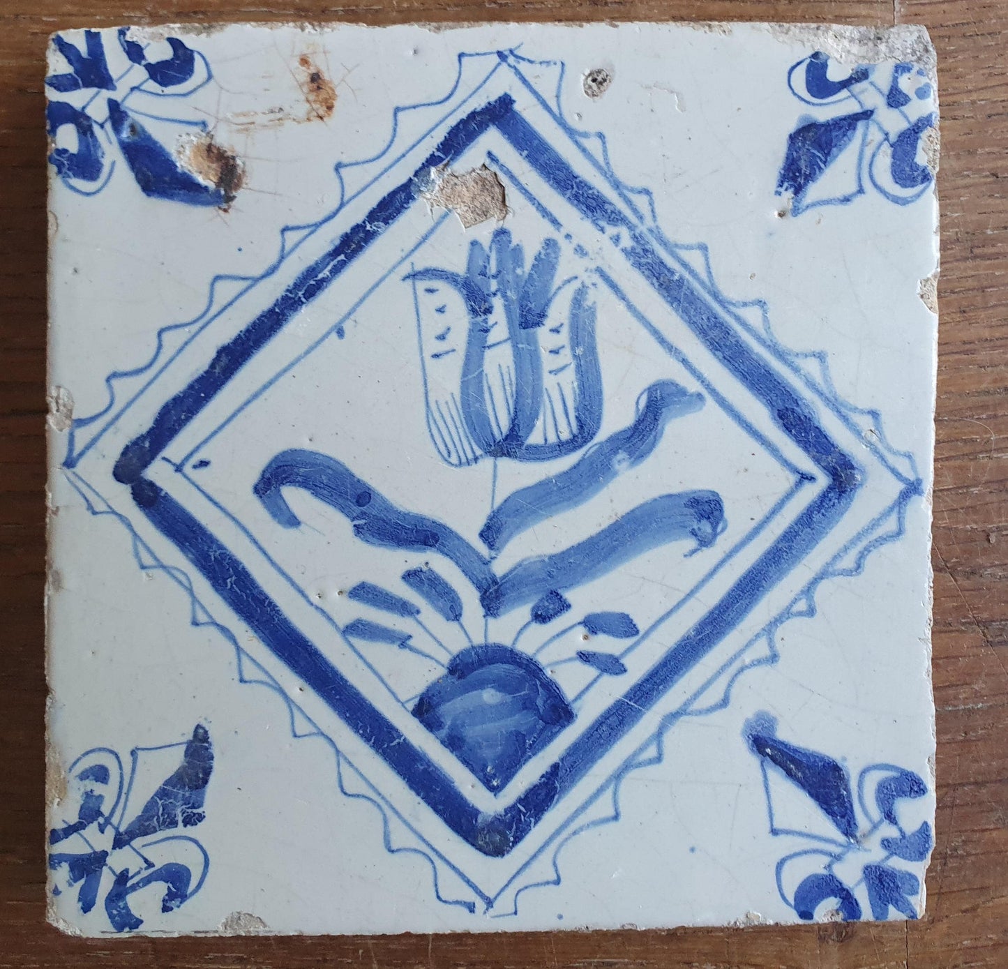 4 xAntique Delft Tulip Tiles, 17th Century Dutch Tilefield Around 1620-1640