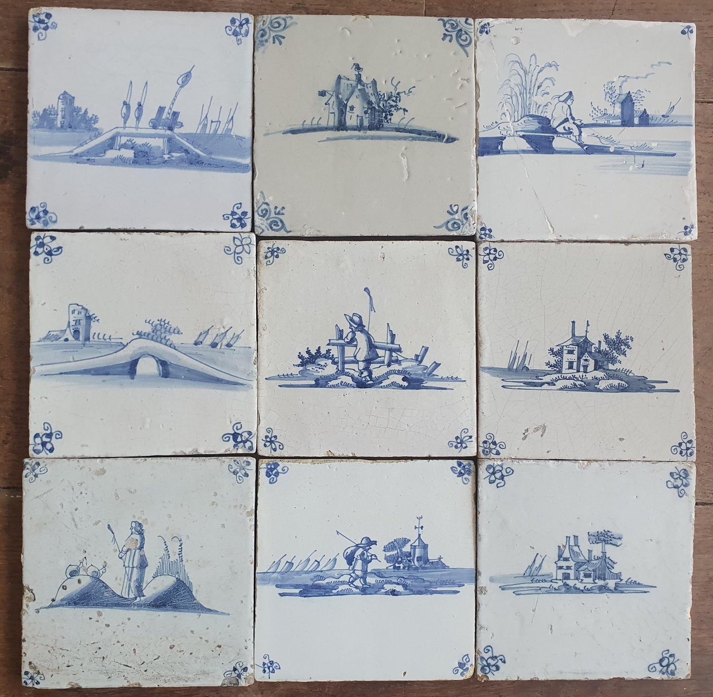 9 x Antique Delft landscape Tiles, 17th-18th Century Dutch Wall Decor.