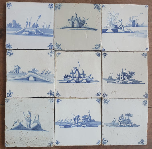 9 x Antique Delft landscape Tiles, 17th-18th Century Dutch Wall Decor.