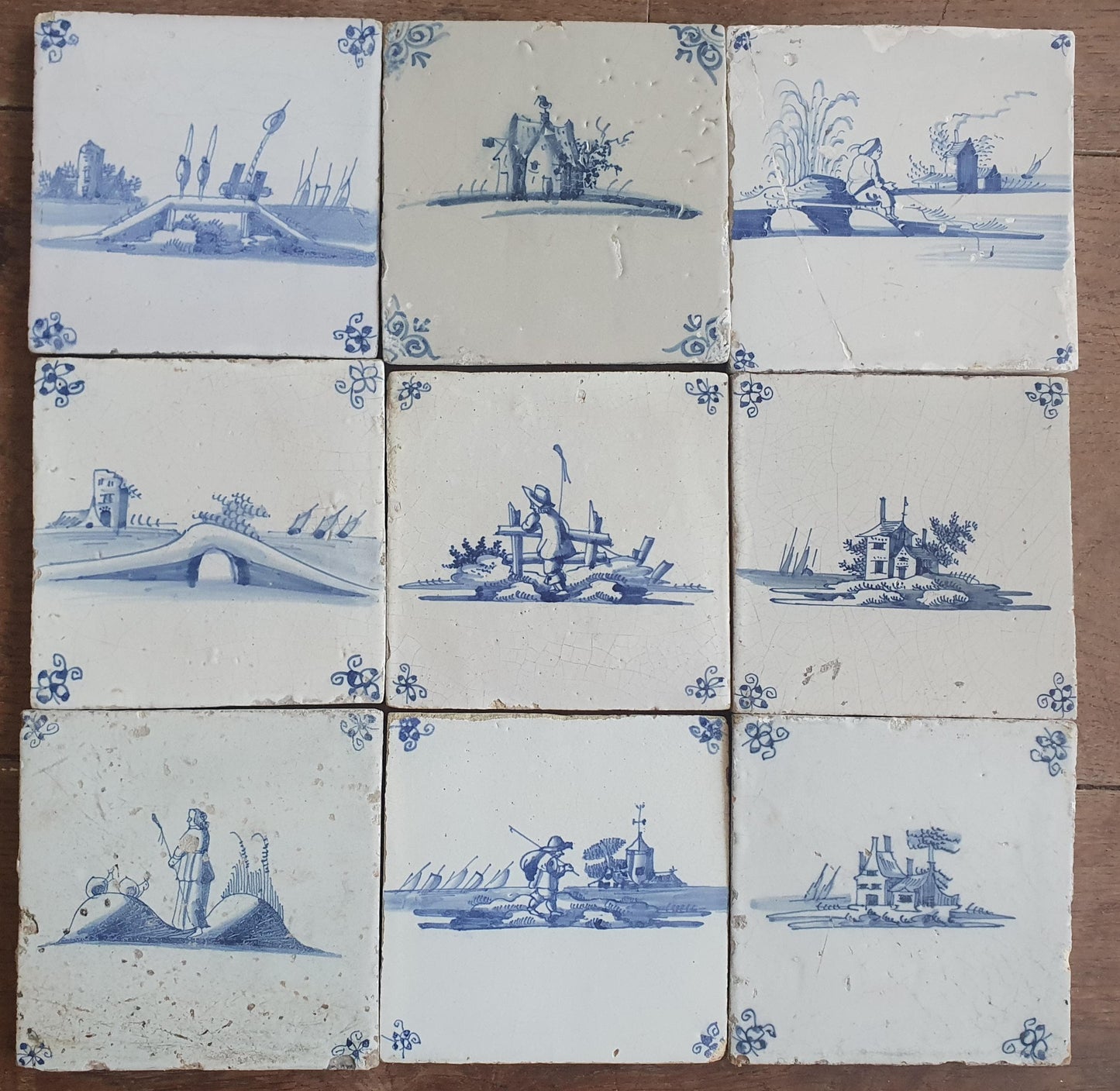 9 x Antique Delft landscape Tiles, 17th-18th Century Dutch Wall Decor.