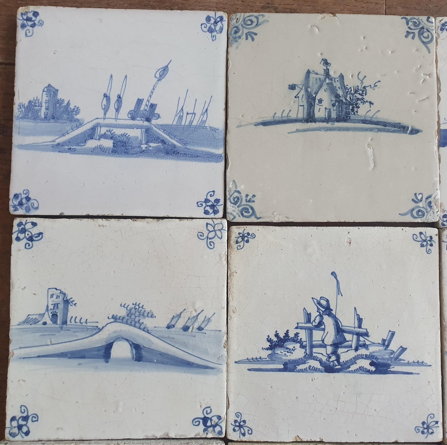 9 x Antique Delft landscape Tiles, 17th-18th Century Dutch Wall Decor.