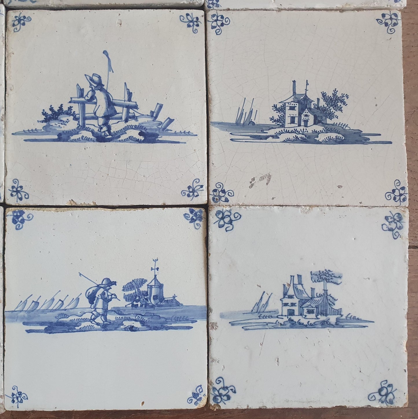 9 x Antique Delft landscape Tiles, 17th-18th Century Dutch Wall Decor.