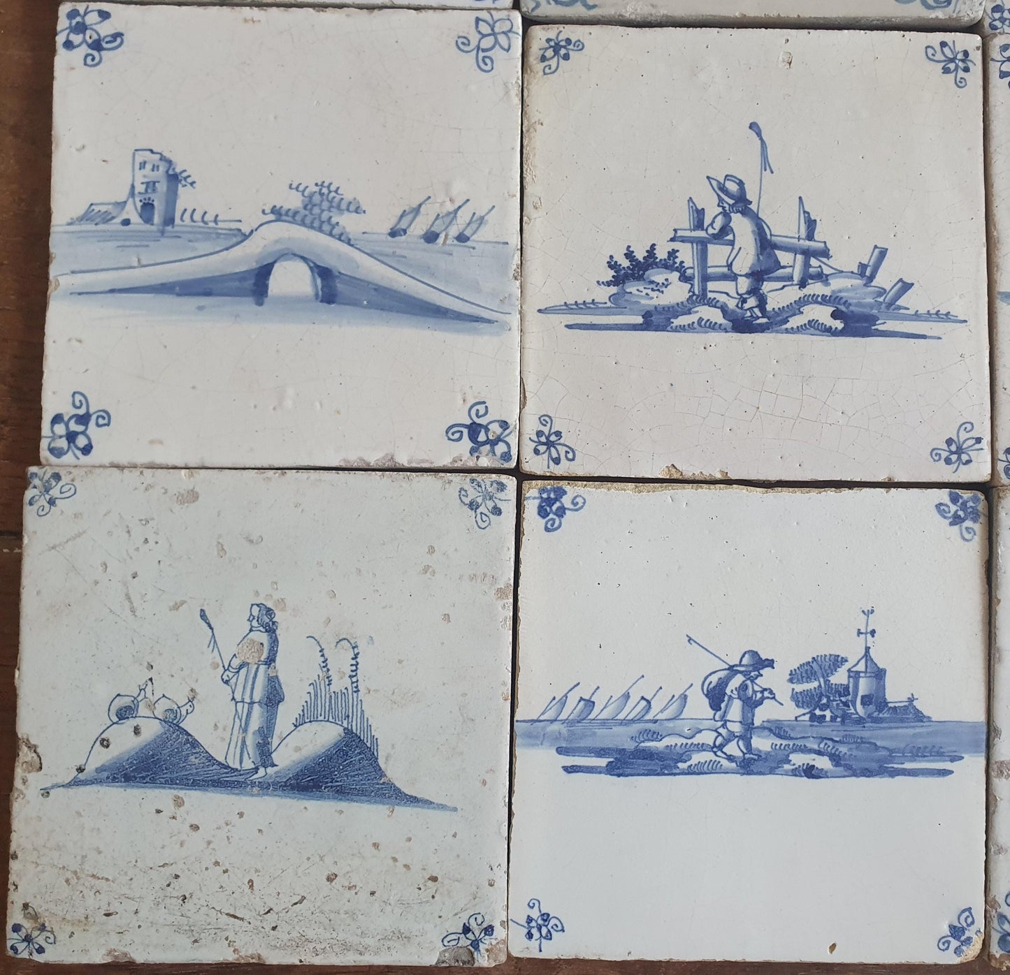 9 x Antique Delft landscape Tiles, 17th-18th Century Dutch Wall Decor.