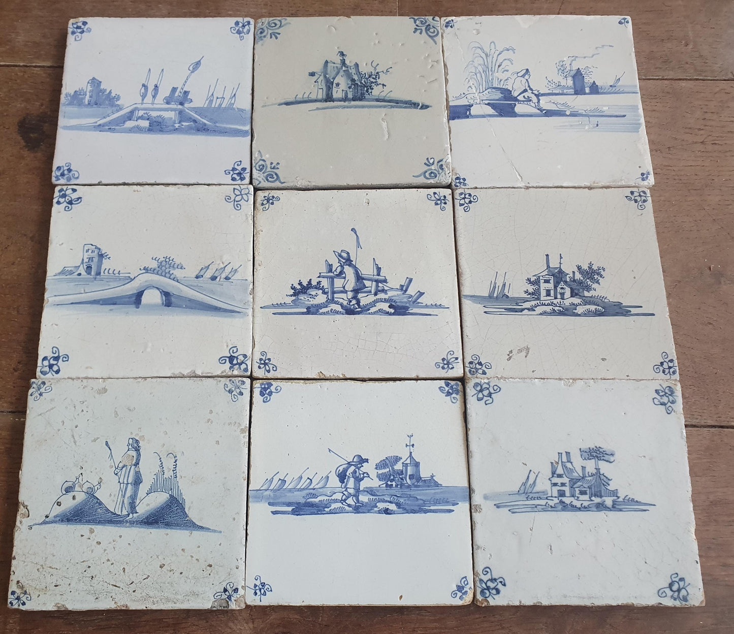 9 x Antique Delft landscape Tiles, 17th-18th Century Dutch Wall Decor.