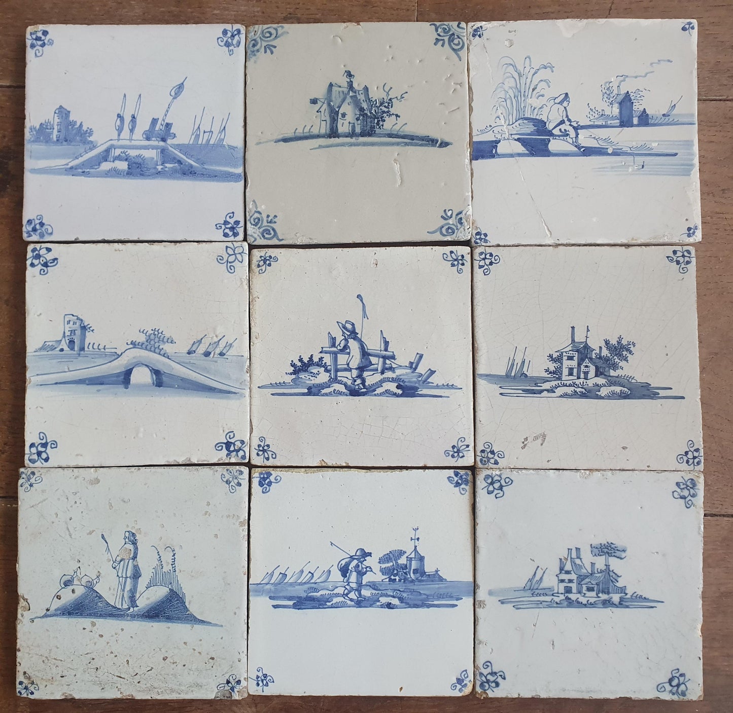9 x Antique Delft landscape Tiles, 17th-18th Century Dutch Wall Decor.