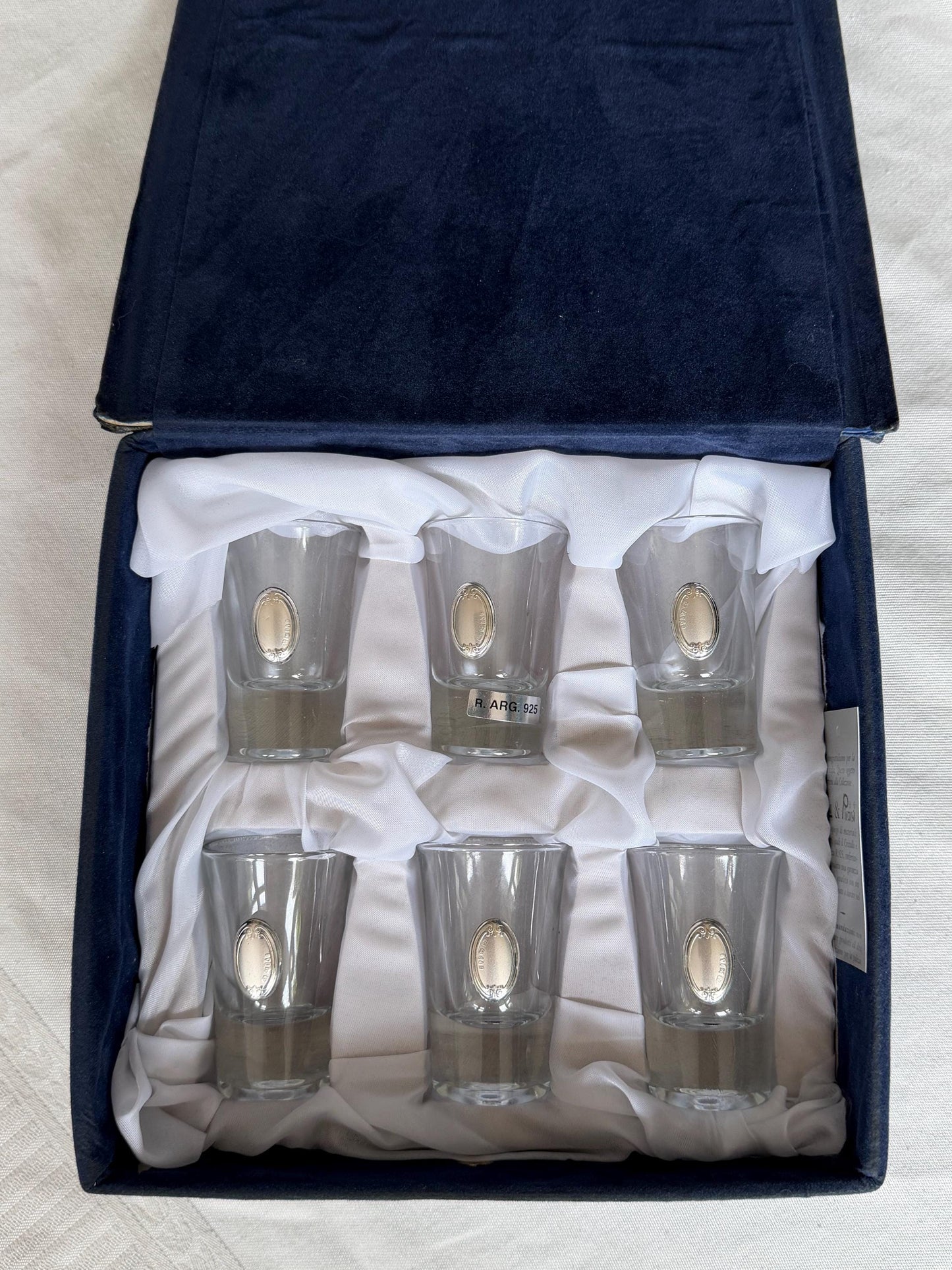 925 silver liquer  glasses, liquer crystal , vintage italy, with silver shield can be engraved, personalised limoncello ouzo raki