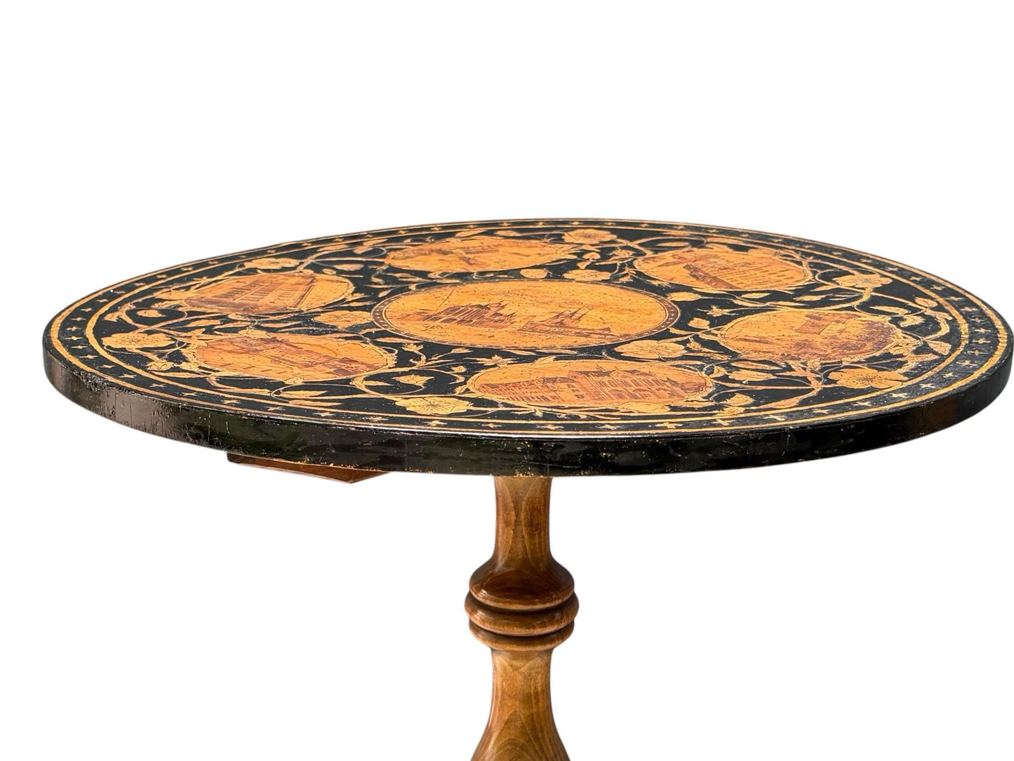 19th Century Erfurt early aristocratic grand tour Souvenir Pedestal Table, Thüringen, Pyrography, c. 1850
