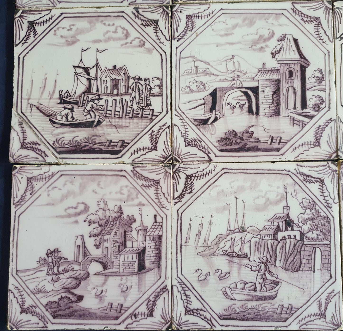 9 xDelft tile, landscape 18th century (c. 1760) Dutch manganese tile . ( Landscape tile )
