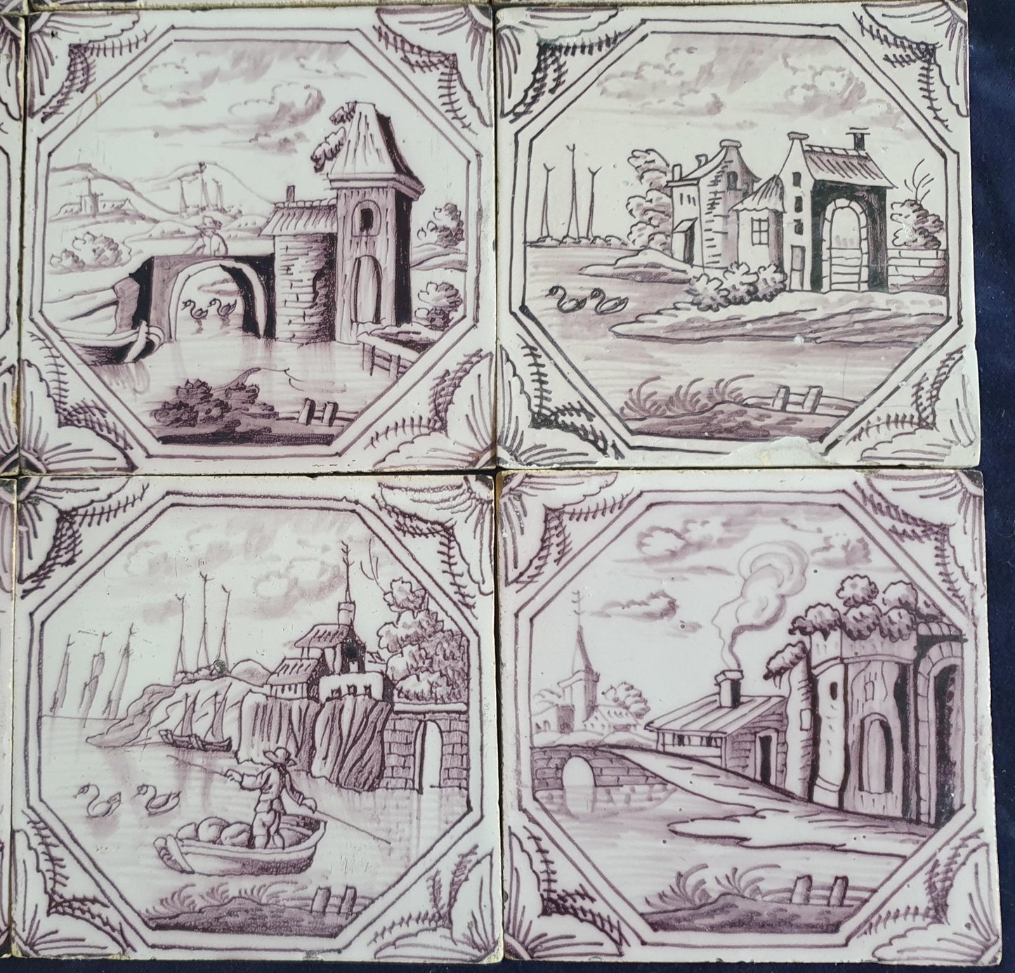 9 xDelft tile, landscape 18th century (c. 1760) Dutch manganese tile . ( Landscape tile )