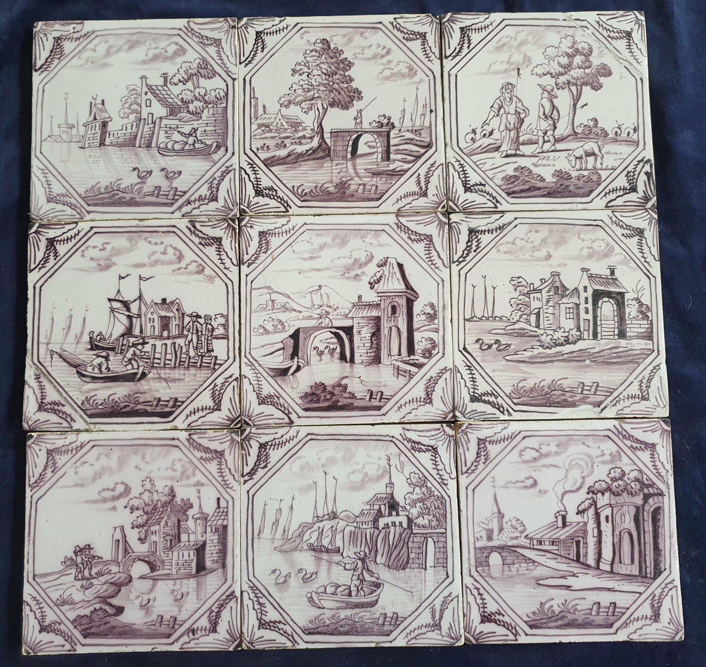 9 xDelft tile, landscape 18th century (c. 1760) Dutch manganese tile . ( Landscape tile )