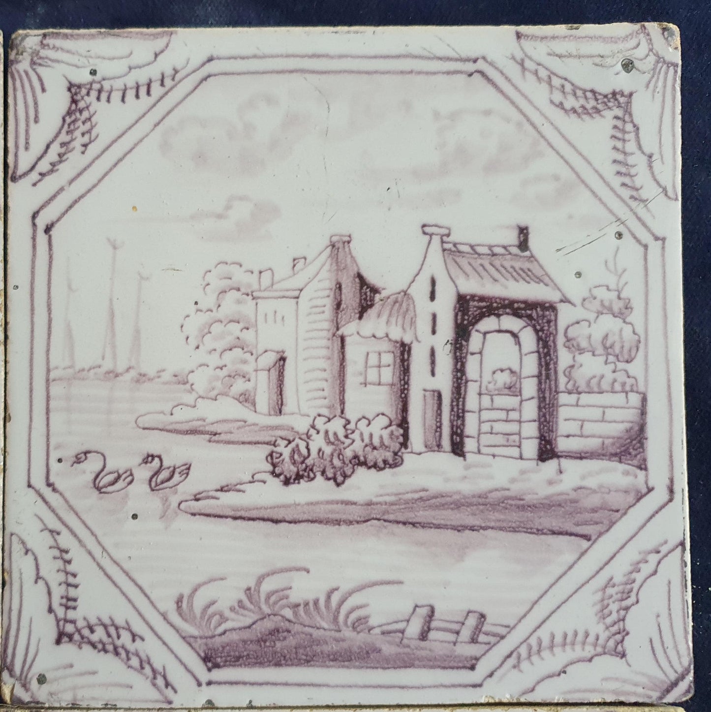 4 xDelft tile, landscape 18th century (c. 1760) Dutch manganese tile . ( Landscape tile )