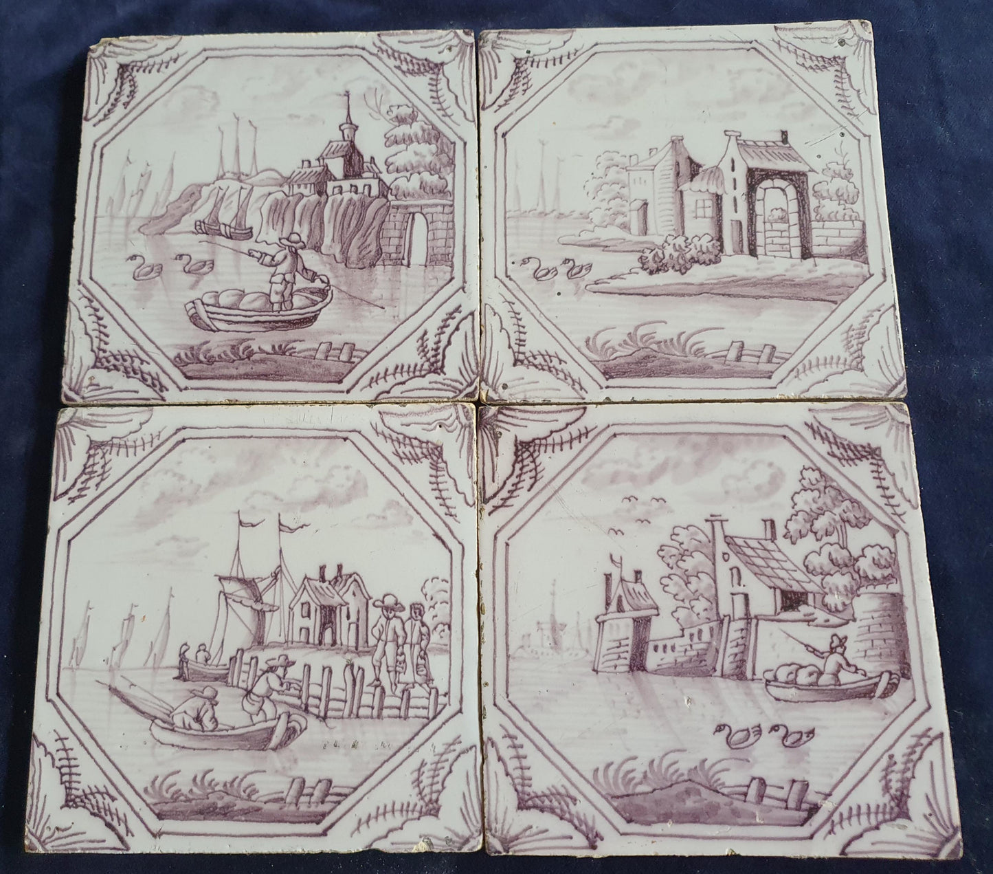 4 xDelft tile, landscape 18th century (c. 1760) Dutch manganese tile . ( Landscape tile )