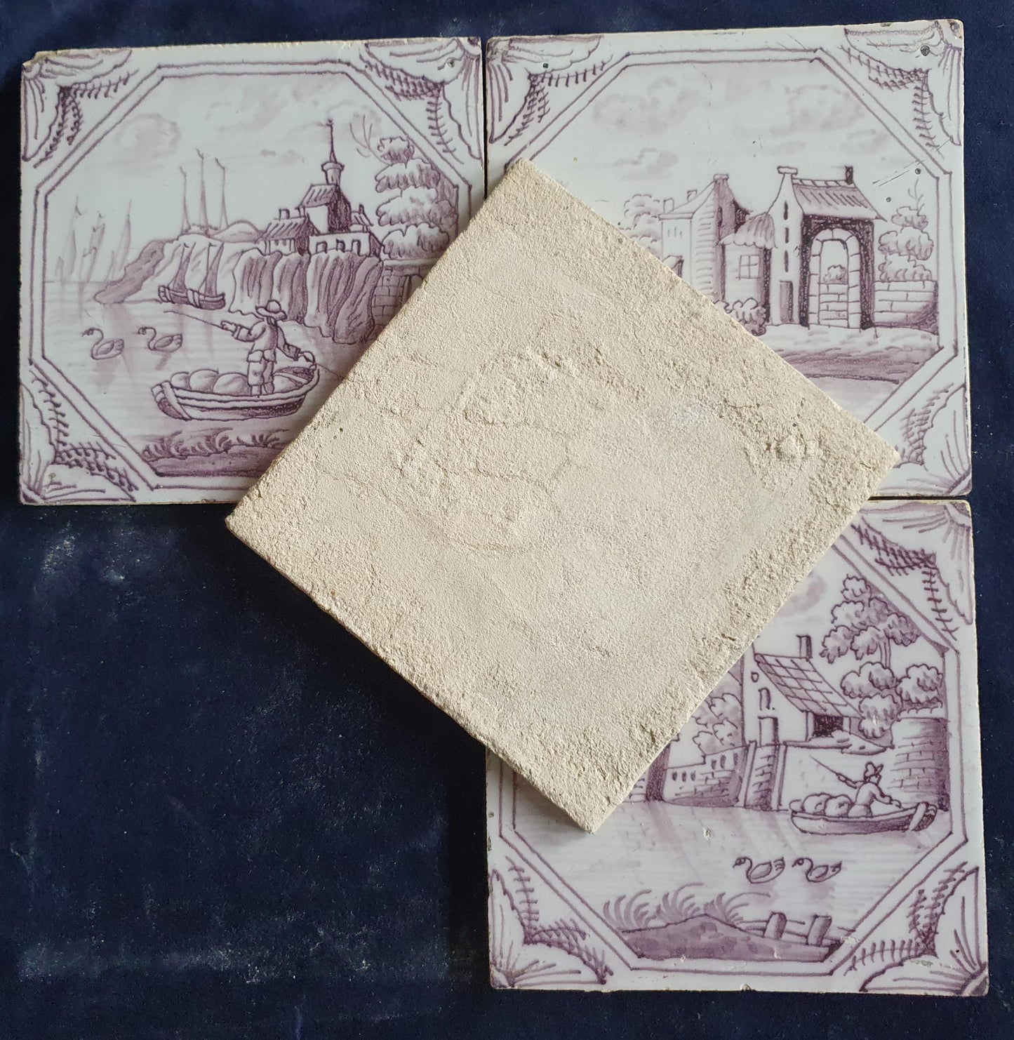 4 xDelft tile, landscape 18th century (c. 1760) Dutch manganese tile . ( Landscape tile )
