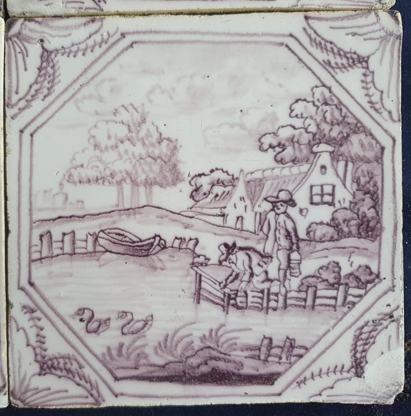 4 xDelft tile, landscape 18th century (c. 1760) Dutch manganese tile . ( Landscape tile )