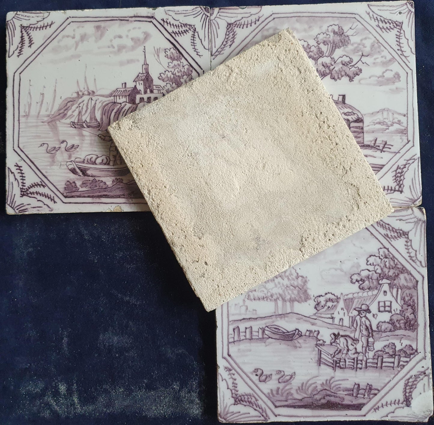 4 xDelft tile, landscape 18th century (c. 1760) Dutch manganese tile . ( Landscape tile )