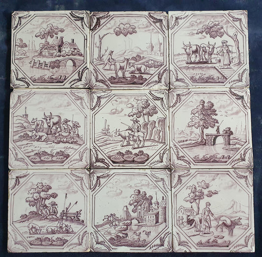 9 xDelft tile, landscape 18th century (c. 1760) Dutch manganese tile . ( Landscape tile )