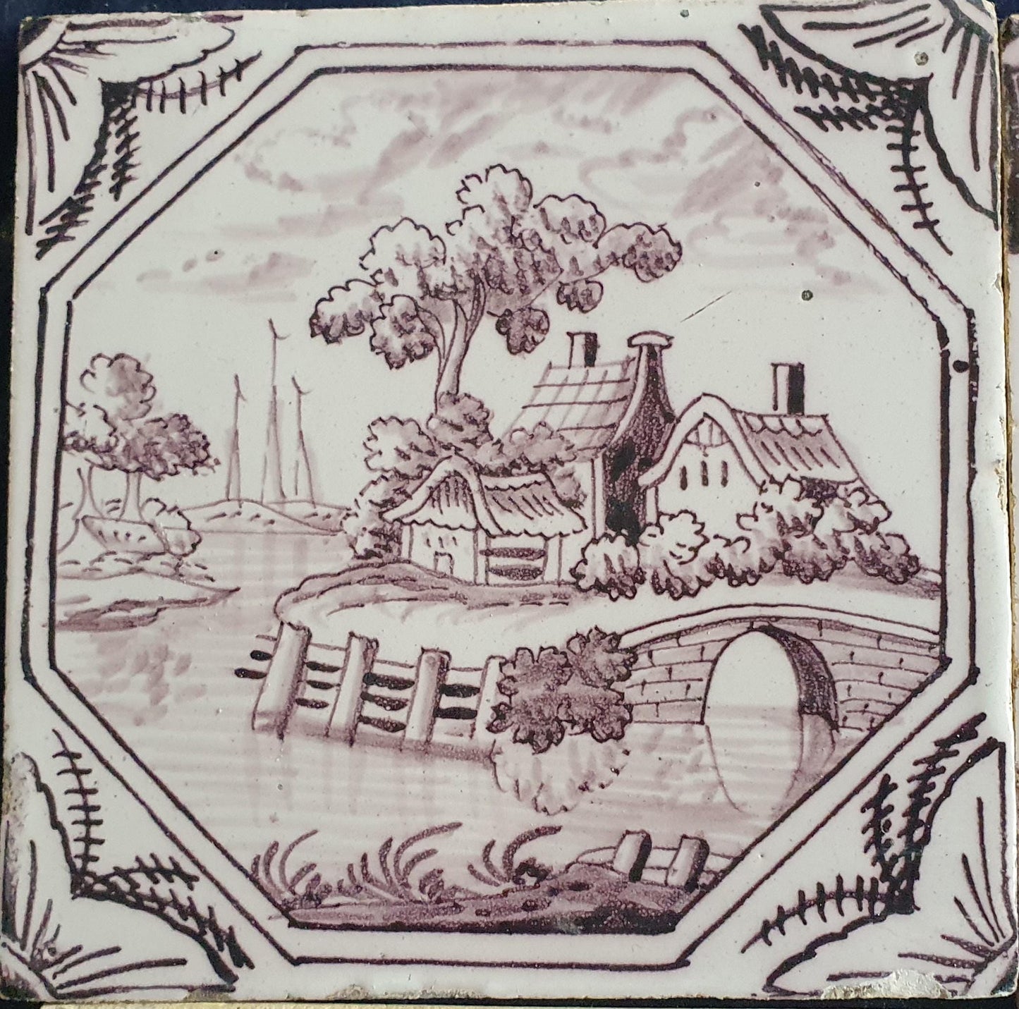 9 xDelft tile, landscape 18th century (c. 1760) Dutch manganese tile . ( Landscape tile )