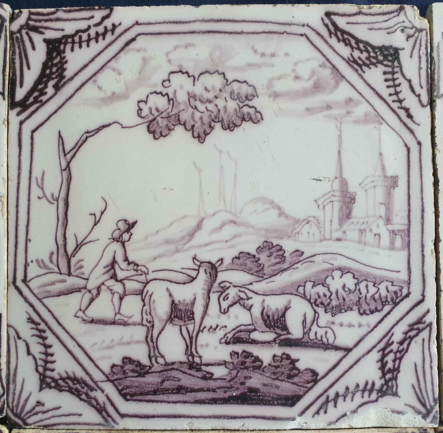 9 xDelft tile, landscape 18th century (c. 1760) Dutch manganese tile . ( Landscape tile )