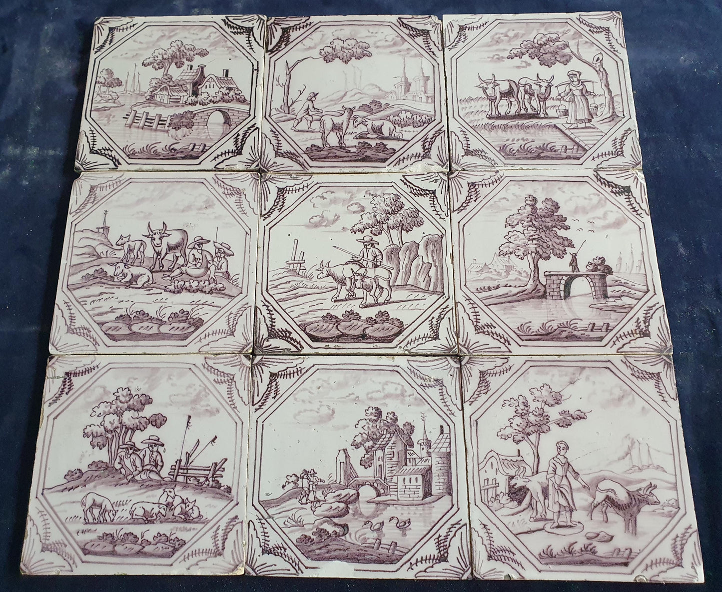 9 xDelft tile, landscape 18th century (c. 1760) Dutch manganese tile . ( Landscape tile )