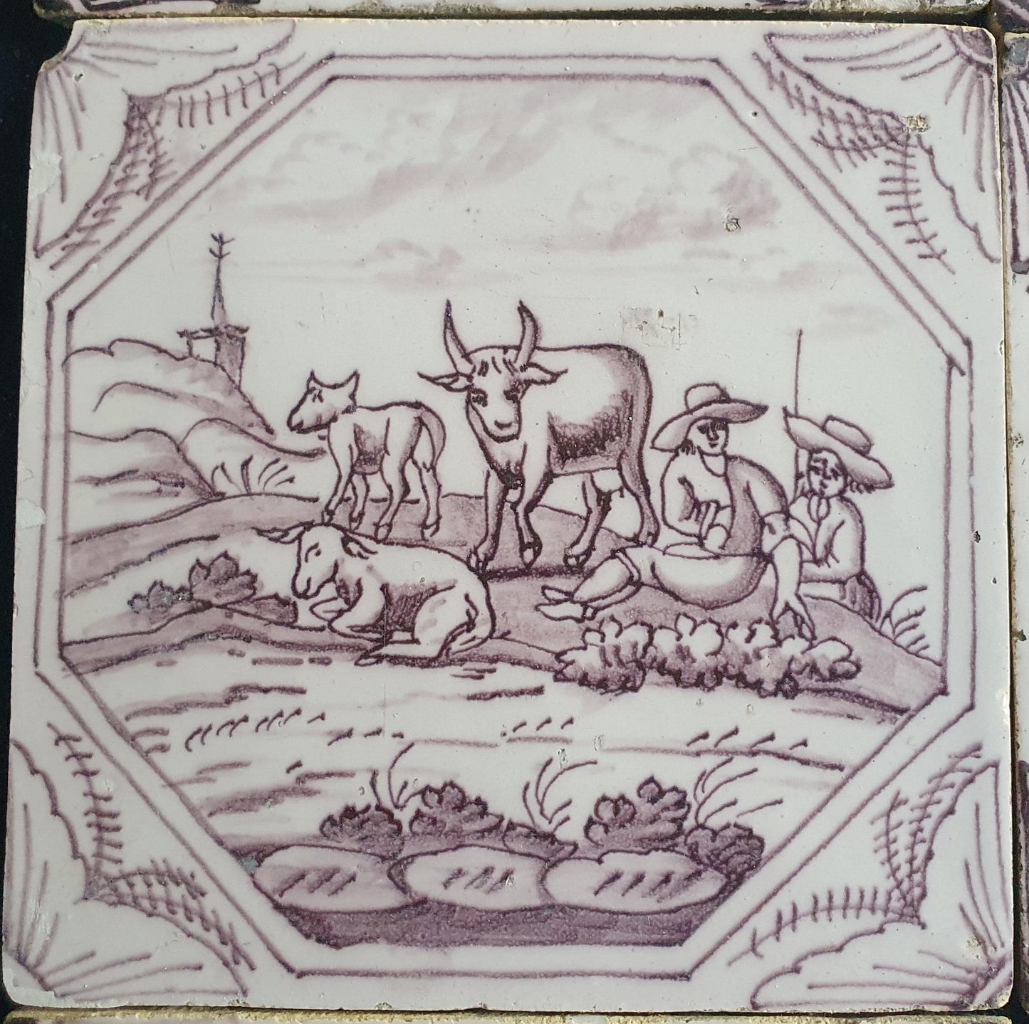 9 xDelft tile, landscape 18th century (c. 1760) Dutch manganese tile . ( Landscape tile )