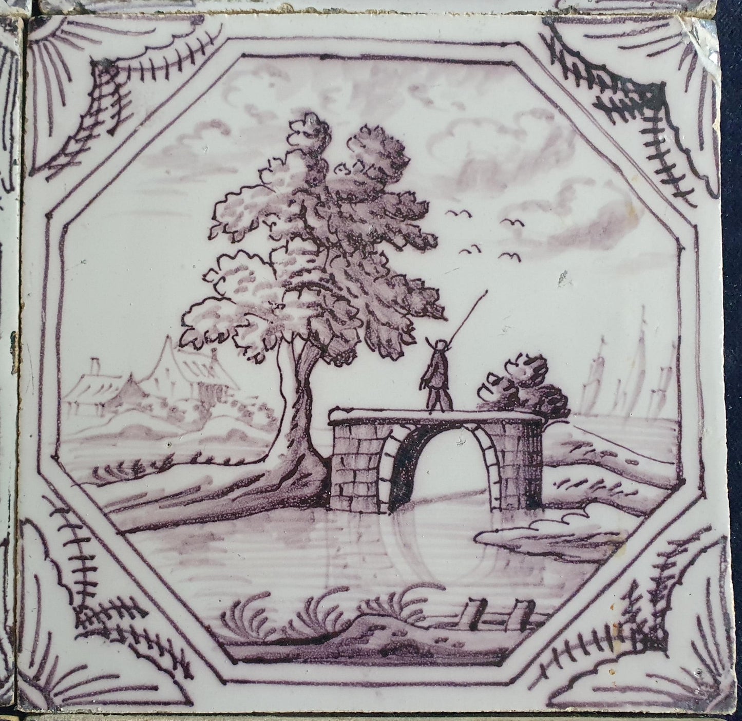 9 xDelft tile, landscape 18th century (c. 1760) Dutch manganese tile . ( Landscape tile )