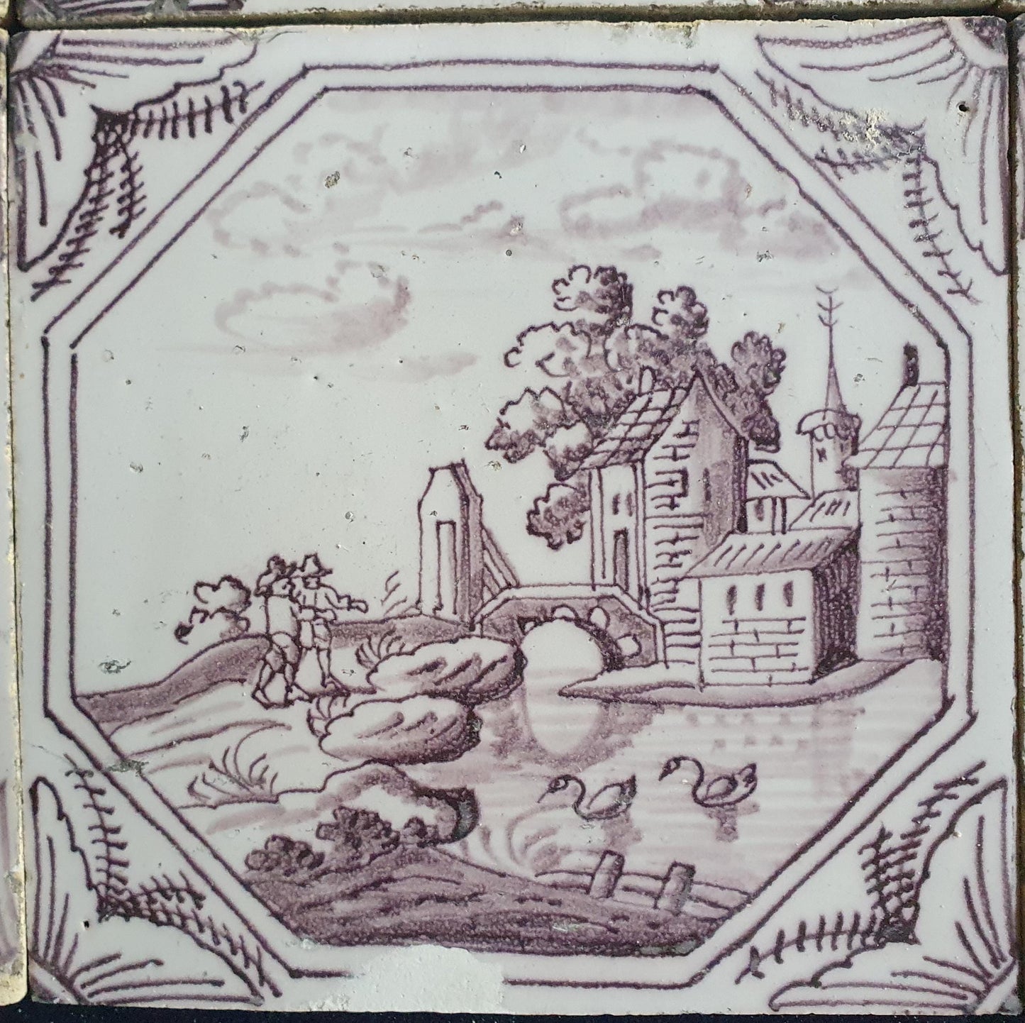 9 xDelft tile, landscape 18th century (c. 1760) Dutch manganese tile . ( Landscape tile )