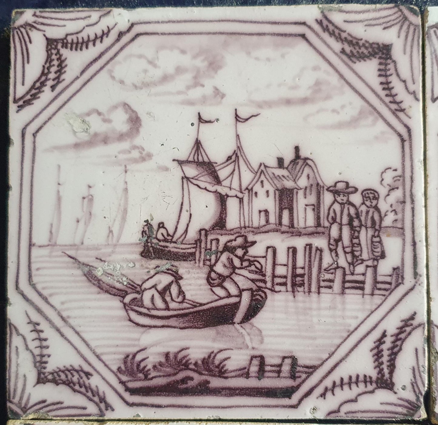 4 xDelft tile, landscape 18th century (c. 1760) Dutch manganese tile . ( Landscape tile )