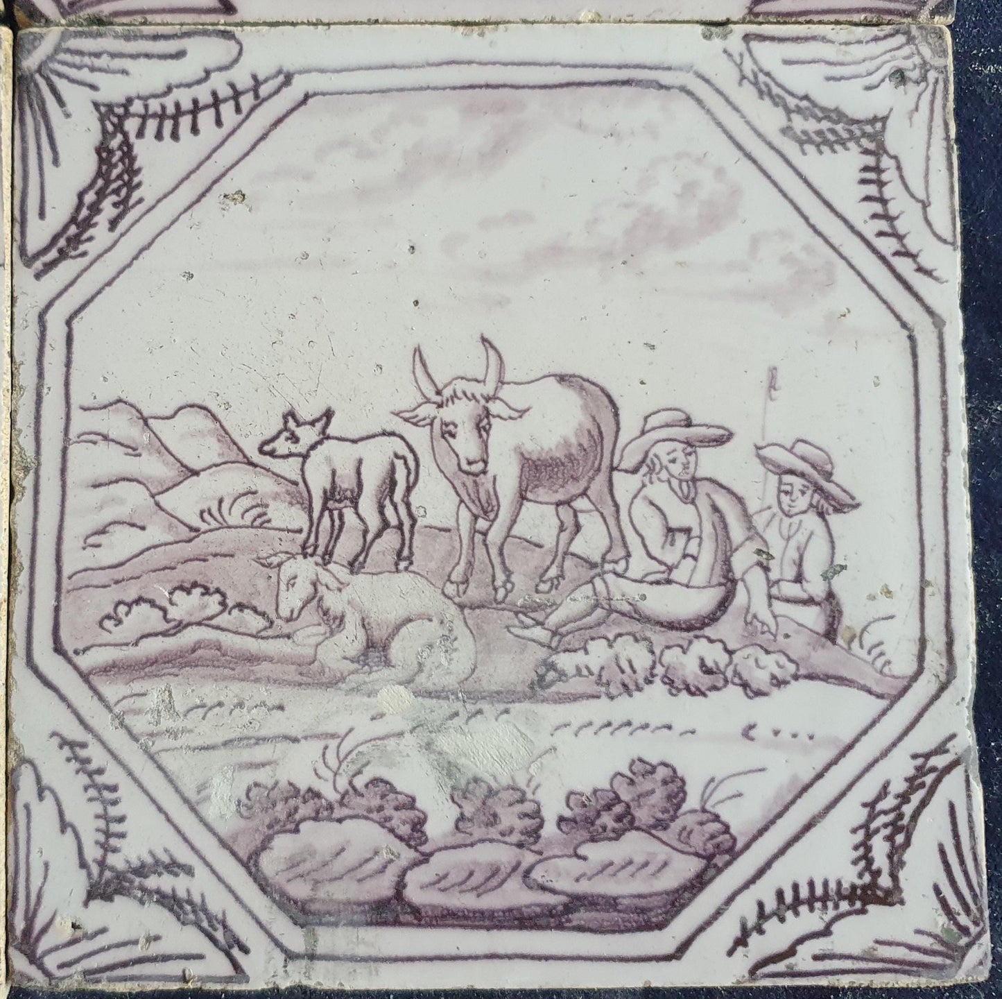 4 xDelft tile, landscape 18th century (c. 1760) Dutch manganese tile . ( Landscape tile )