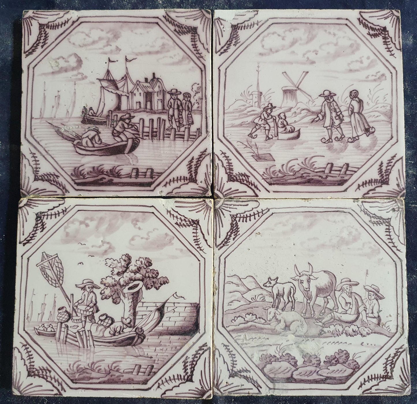 4 xDelft tile, landscape 18th century (c. 1760) Dutch manganese tile . ( Landscape tile )