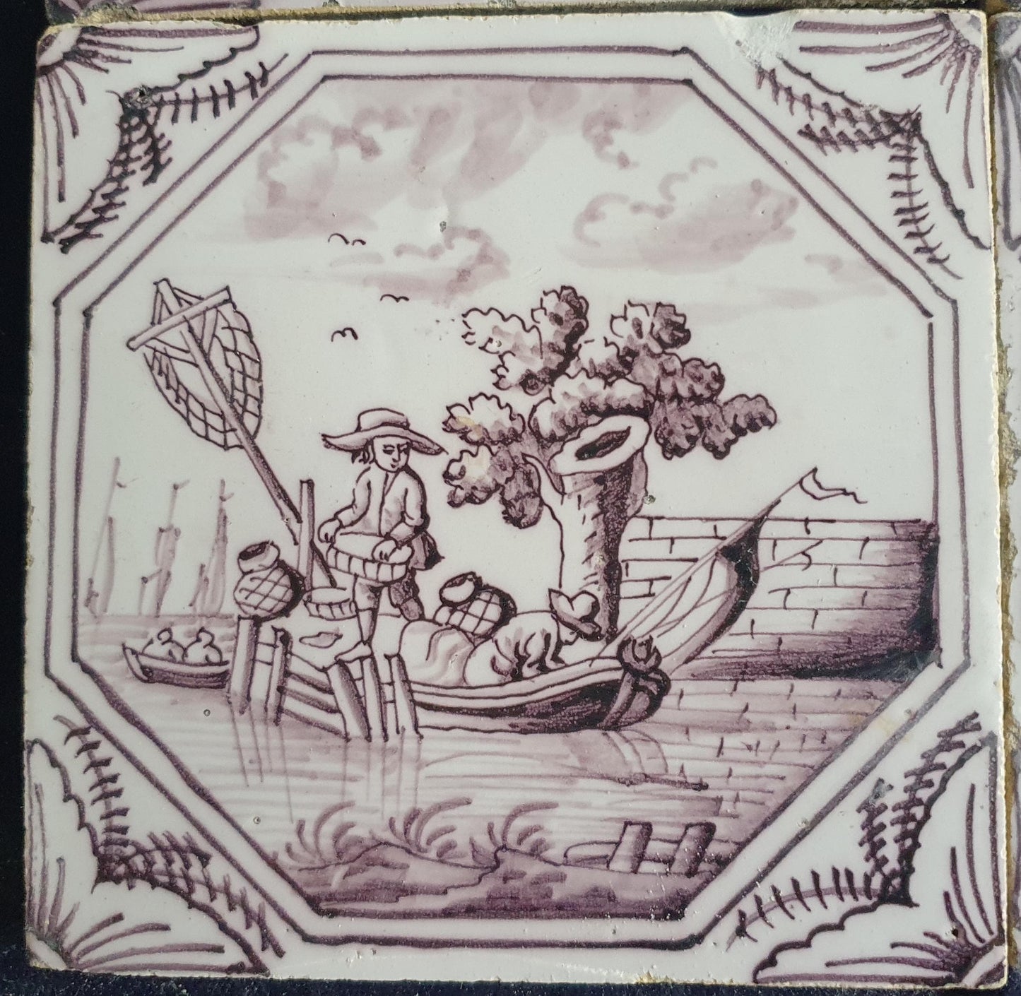 4 xDelft tile, landscape 18th century (c. 1760) Dutch manganese tile . ( Landscape tile )