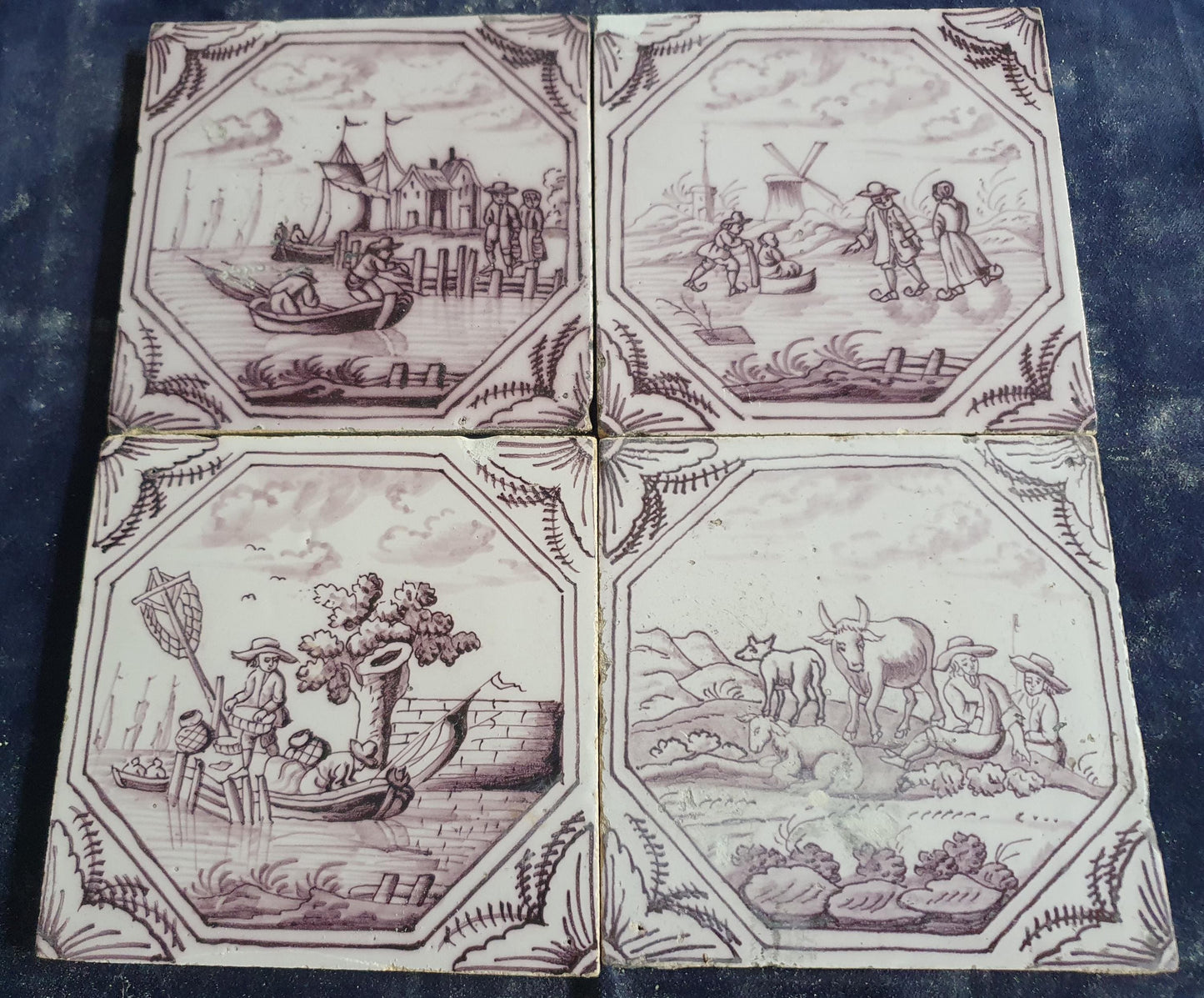 4 xDelft tile, landscape 18th century (c. 1760) Dutch manganese tile . ( Landscape tile )