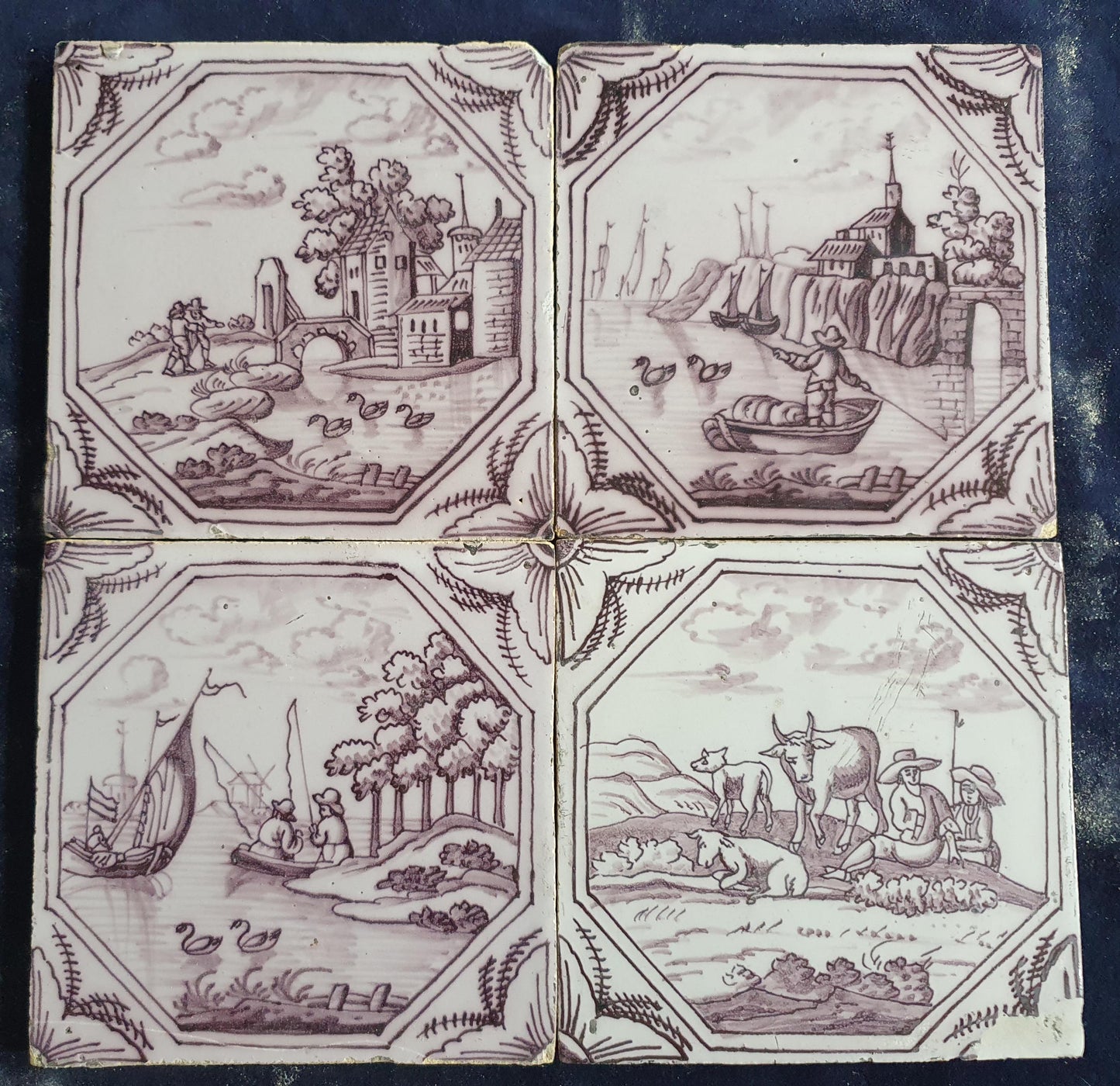 4 xDelft tile, landscape 18th century (c. 1760) Dutch manganese tile . ( Landscape tile )