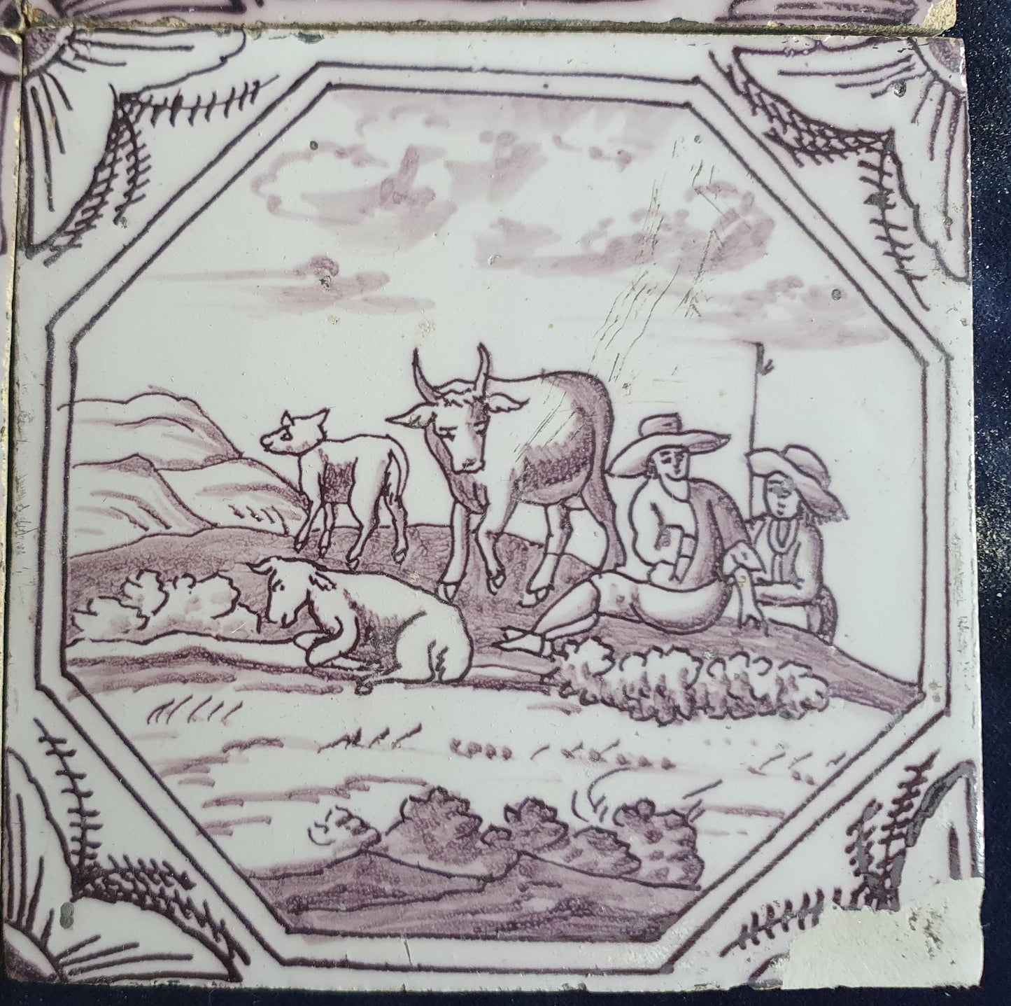 4 xDelft tile, landscape 18th century (c. 1760) Dutch manganese tile . ( Landscape tile )