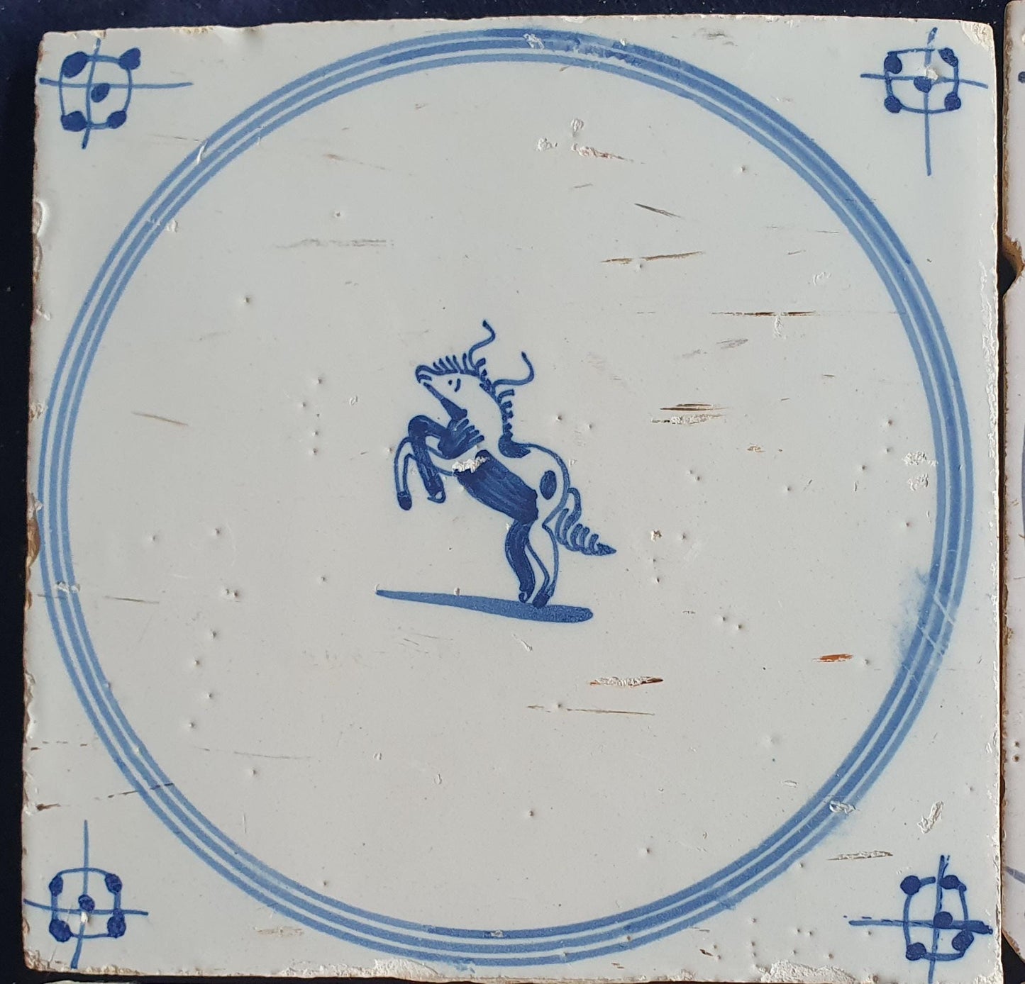 4 x Antique Delft Tile: 1780s Springer with animals
