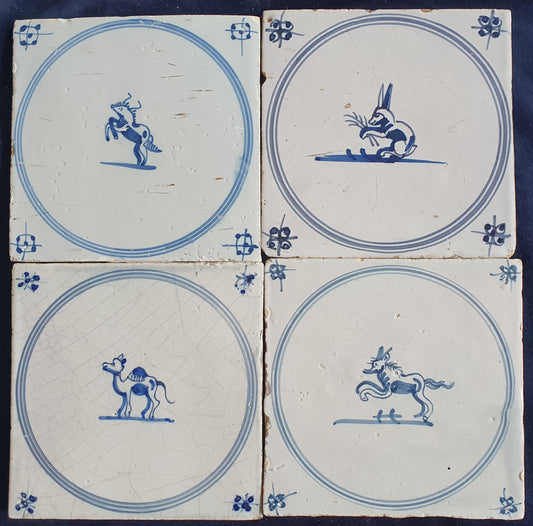 4 x Antique Delft Tile: 1780s Springer with animals