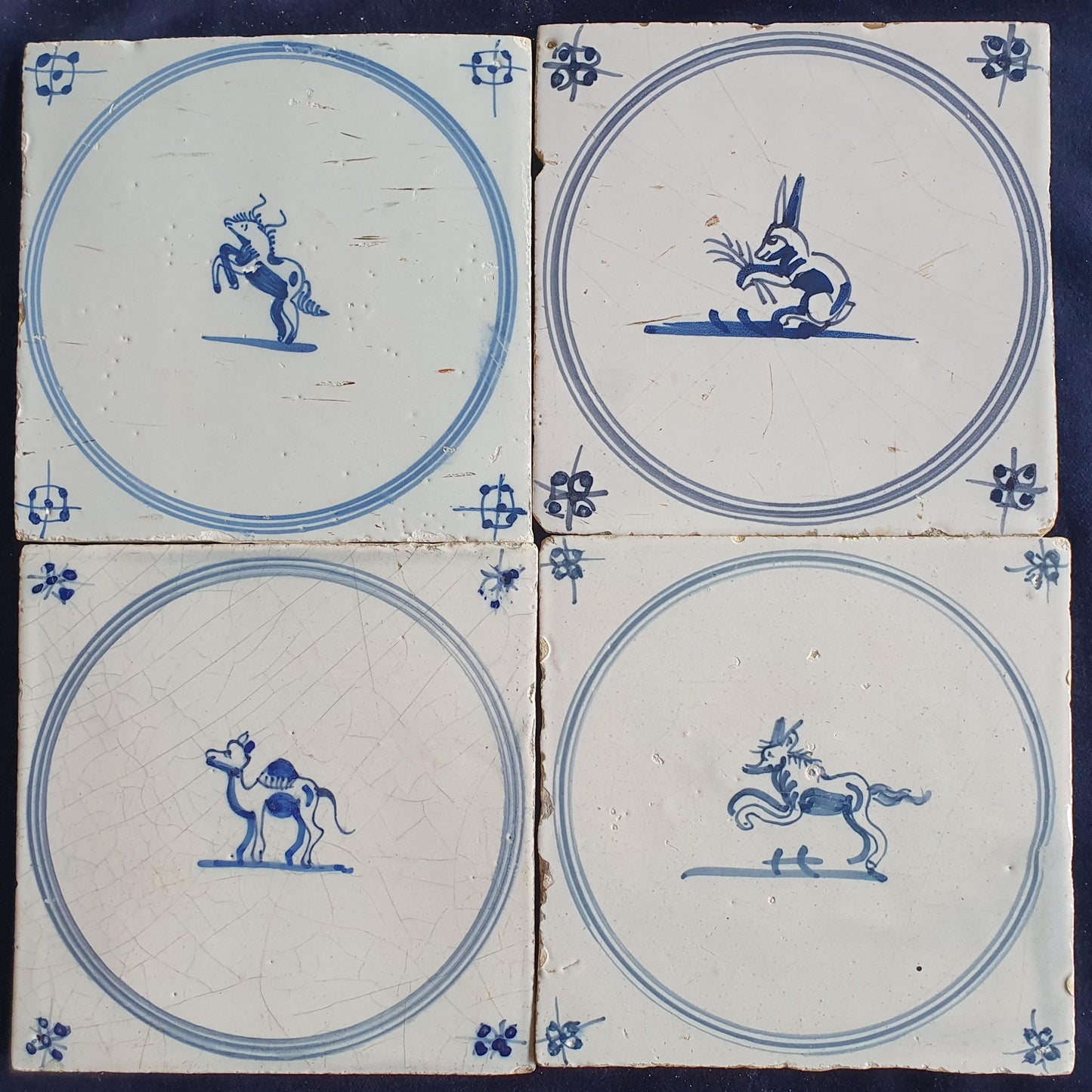 4 x Antique Delft Tile: 1780s Springer with animals
